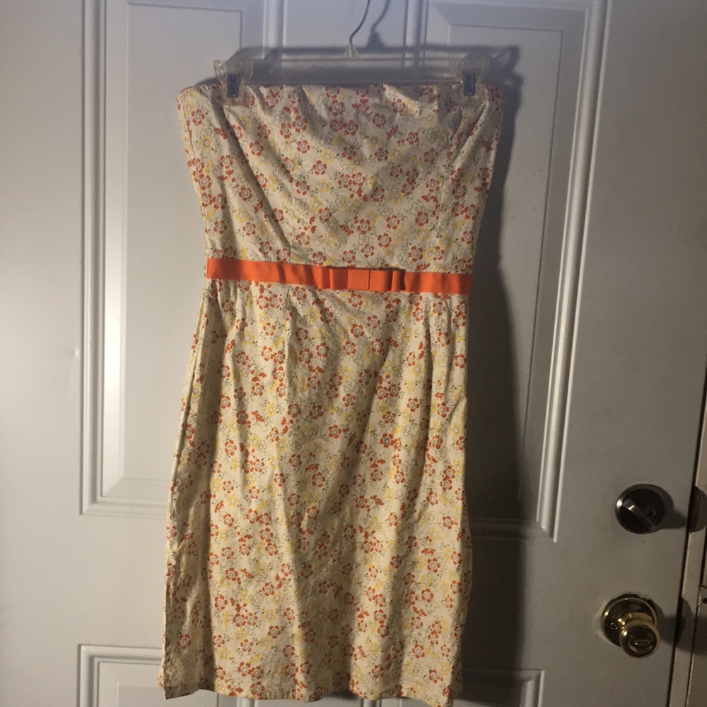 Scott strapless midi dress with orange fabric belt size Medium vintage